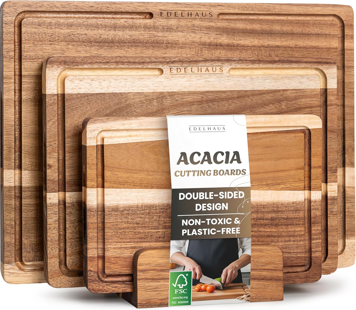 Acacia Wood Cutting Board for Kitchen, Non-Toxic Cutting Board Set of 3, Chopping Boards with Deep Juice Groove for Meat, Cheese & Vegetables - Durable & Double sided with serving Compartments