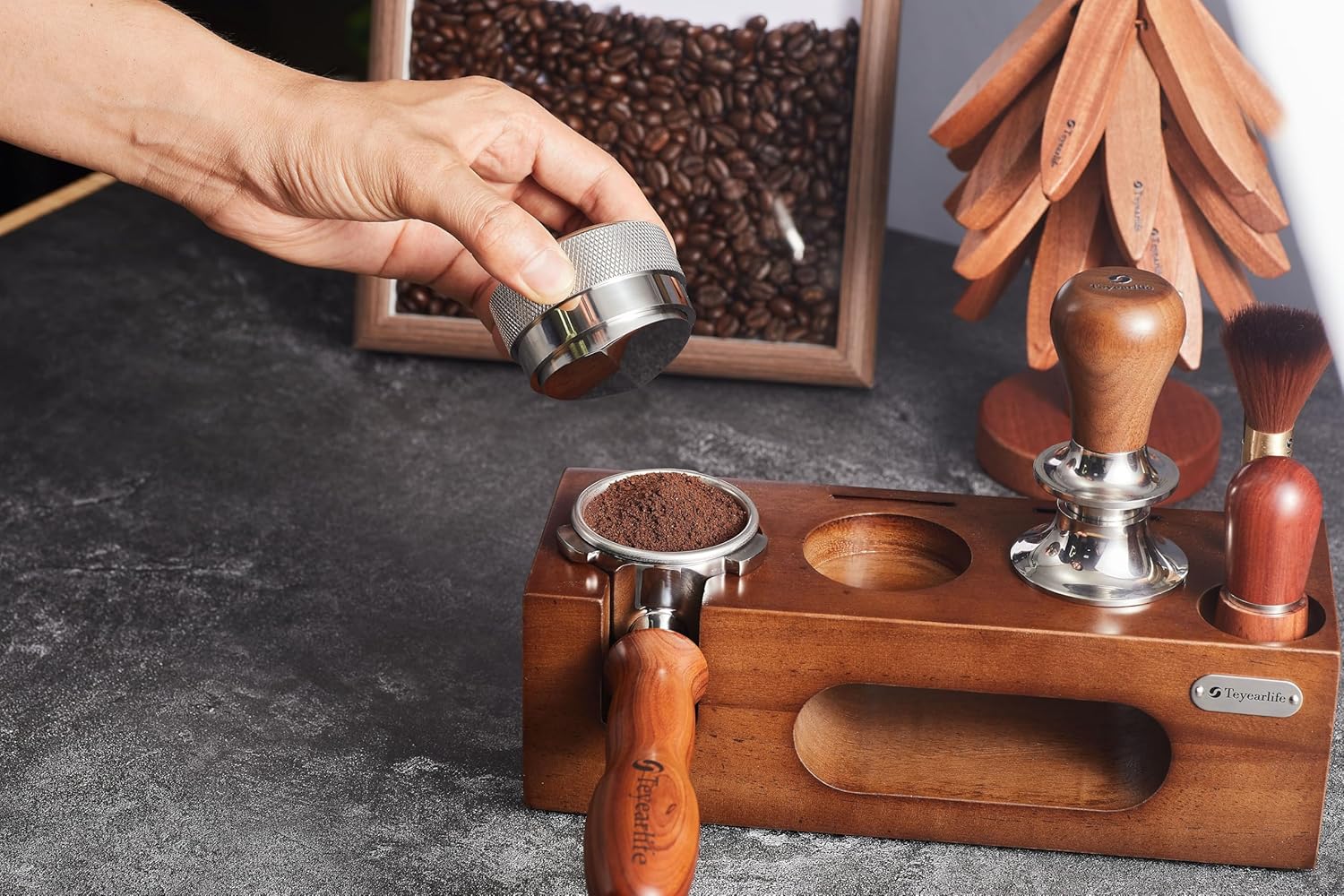 espresso tamping station called Coffee Tamper Station Fit 51 to 54mm Espresso Accessories The tamper holder Or organizer station Adjustable Portafilters Stand Height (7 IN 1)