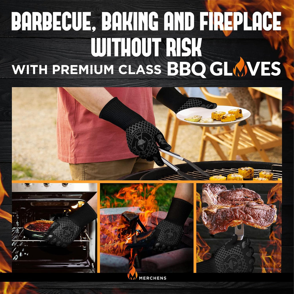 Pro-Series BBQ Gloves - Heat Resistant Grill, Grilling, and Oven Gloves for Culinary Experts - Extreme Fireproof Protection, Silicone Grip, Extra Long Mitts - Indoor & Outdoor - with Protective case