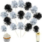 Ephlyn 30Pcs Foil Firework Cupcake Toppers Sparkles Fireworks Sticks Birthday Decorations Sparkle Tinsel Cocktail Fruit Toothpick for Birthday Wedding Graduation Party Cake Decorations Black Silver