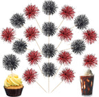 40 PCS Foil Firework Cupcake Toppers Sparkle Tinsel Cupcake Picks Fireworks Birthday Party Decorations Cocktail Fruit Toothpick for Birthday Wedding Graduation Party Decorations Supplies Black Red