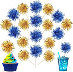 40 PCS Foil Firework Cupcake Toppers Sparkle Tinsel Cupcake Picks Fireworks Birthday Party Decorations Cocktail Fruit Toothpick for Birthday Wedding Graduation Party Decorations Supplies Gold Blue