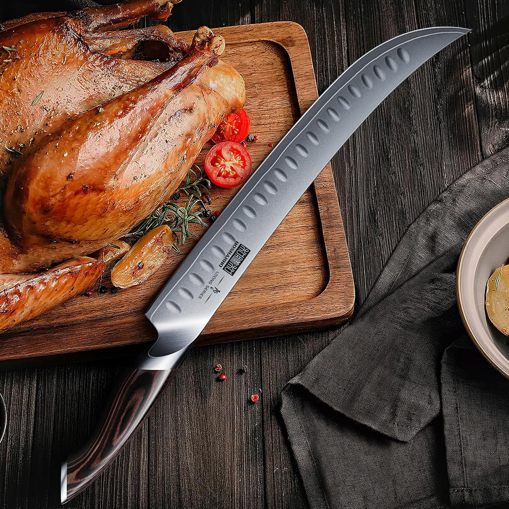 Carving Slicing Knife, 12 Inch Japanese High Carbon Steel Brisket Knife with Ergonomic Pakkawood Handle, Razor Sharp Curved Butcher Breaking Knives for Meat Cutting