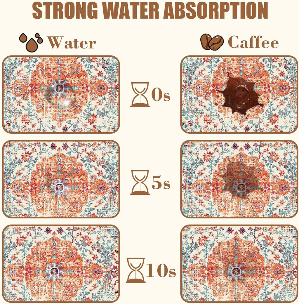 Persian Vintage Boho Carpet Coffee Mat Dish Drying Mat for Kitchen Counter Absorbent Hide Stain Rubber Backed Coffee Bar Accessories Fit Under Espresso Machine Dish Drainer 11.8 x 19.7 Inch