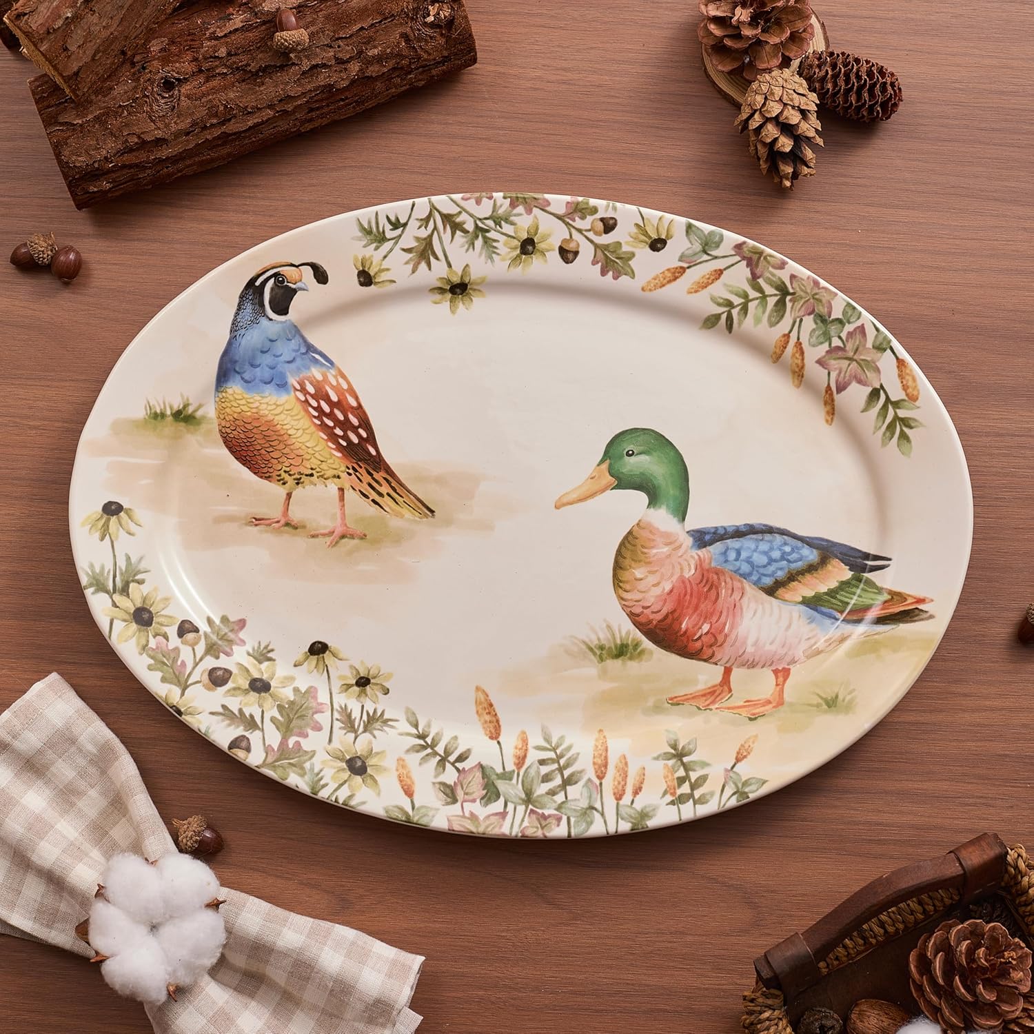 Bico Autumn Birds 16 plus 14 inch Oval Platters Set, Set of 2, Microwave and Dishwasher Safe, for Serving Fish, Chicken, Turkey