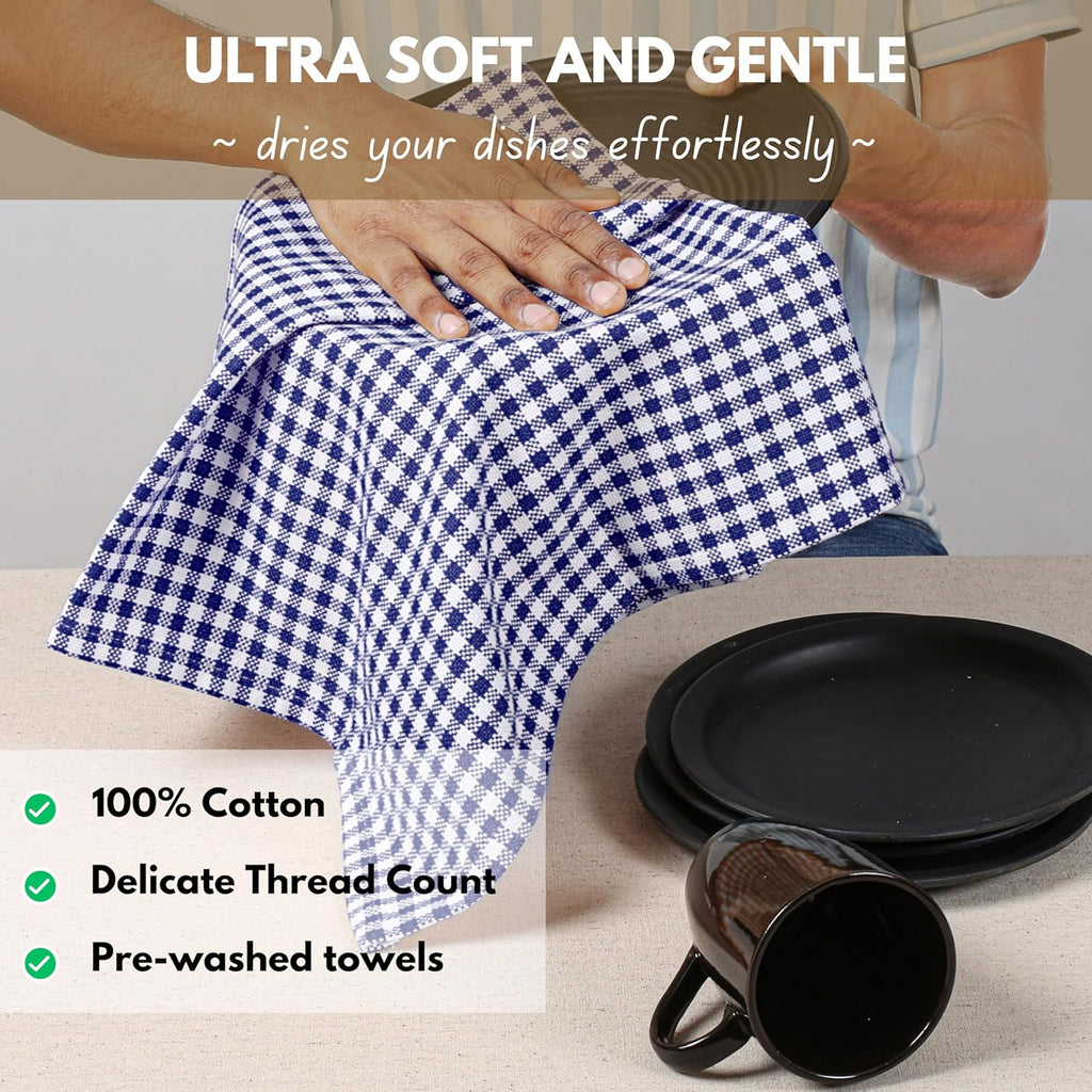 Native Fab 12 Pack Gingham Mini Check Kitchen Dish Towel Cotton Durable Washable 16"x26" - Tea Towels, Soft Absorbent Cleaning Towels, Hand Towel with Hanging Loop - Blue White