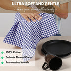 Native Fab 6 Pack Gingham Mini Check Kitchen Hand Towels Set 16"x26" - 100% Cotton Absorbent Reusable Wash Cloths - Quick Drying Dish Towels with Hanging Loops for Kitchen, Blue White