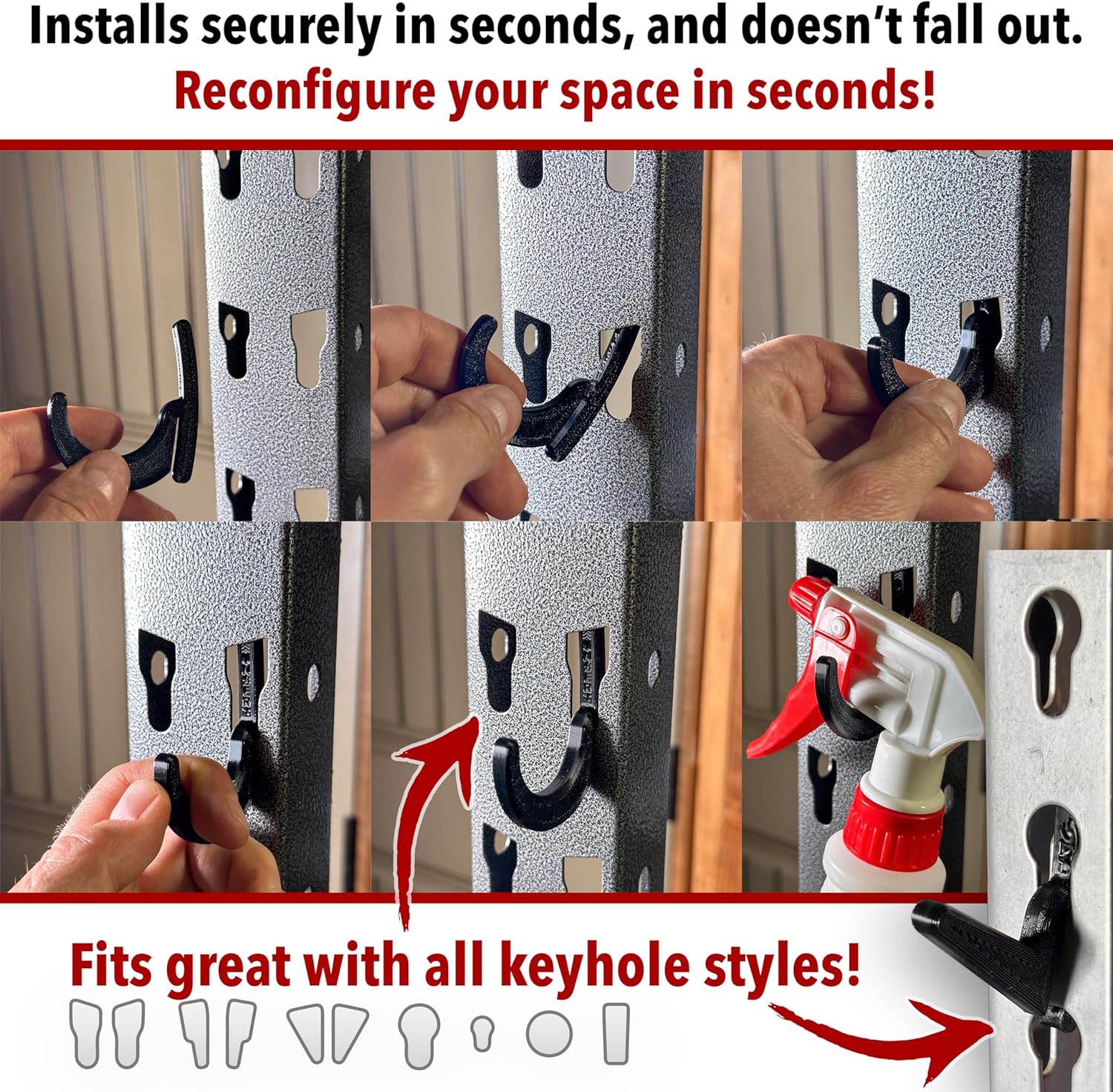 Heavy Duty Plastic L-Hooks and J-Hooks for Garage Shelving, Compatible with Keyhole Slots, UV-Resistant, 40 lbs Load Capacity (15, White L-Hook and J-Hook Assortment)