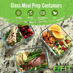 FIT Strong & Healthy Glass Meal Prep Containers with Lids, 1 & 2 & 3 Compartments – Portion Control Containers, Glass Lunch Box, Food Storage, Leak-Proof, Oven & Freezer Safe, 35 oz, Blue, 3 Pack
