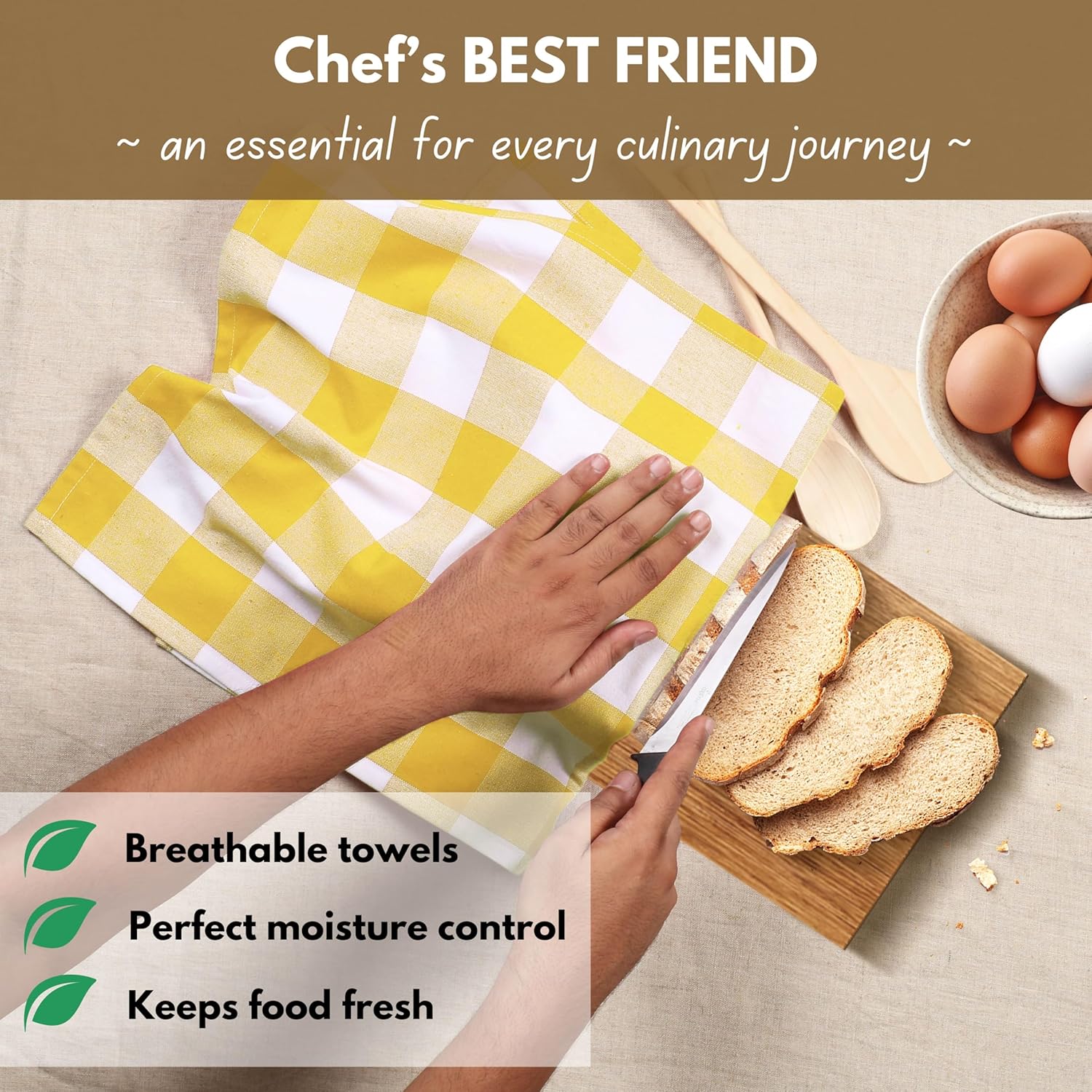 Native Fab Yellow Buffalo Dish Towel 16"x26", Set of 12 - Cotton Plaid Towels, Soft Absorbent Dishcloths with Hanging Loop, Kitchen Towels for Quick Drying - Yellow White