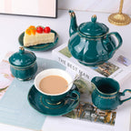 CHENP.HMC Tea Set 22-Piece Porcelain Ceramic Coffee Tea Sets Cups Saucer Service for 6 Teapot Sugar Bowl Creamer Pitcher and Teaspoons Porcelain Tea Set(Dark Green)