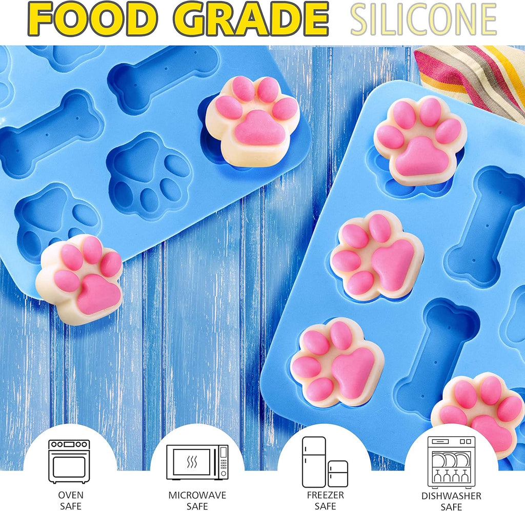 Anaeat 2 Pack Silicone Molds with Puppy Dog Paw and Bone Shaped 2 in 1, Reusable Non-Stick Ice Cube Trays & Flexible Candy Chocolate Molds for Homemade Dog Treats, Pudding & Baking Biscuit (Blue)