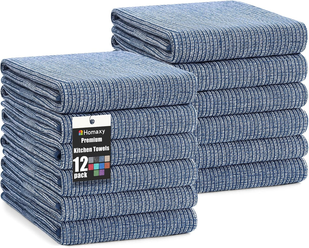 Homaxy Premium Kitchen Towels(18”x 28”, 12 Pack), Large Cotton Kitchen Hand Towels, Flat and Terry Dish Towels, 380 GSM Highly Absorbent Tea Towel Set with Hanging Loop, Navy Blue