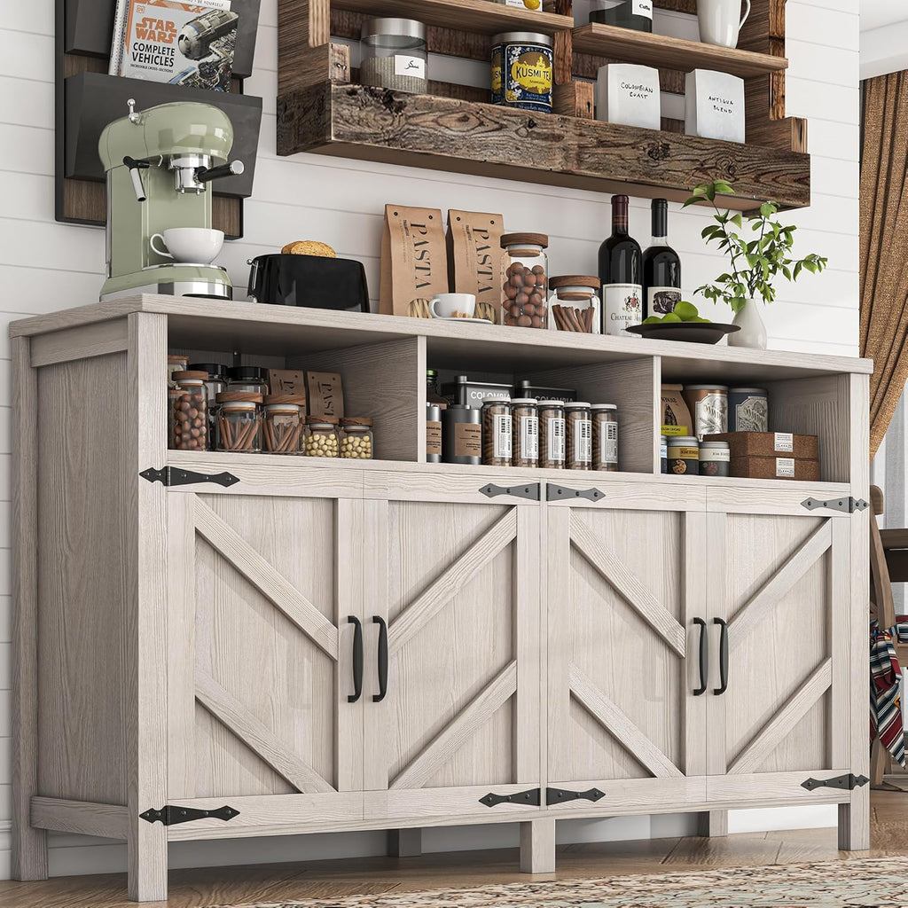 Buffet Cabinet with Storage Farmhouse with 4 Doors, 55'' Large Kitchen Storage Cabinet Wood Coffee Bar Buffet Sideboard for Kitchen, Dining Room, Entryway