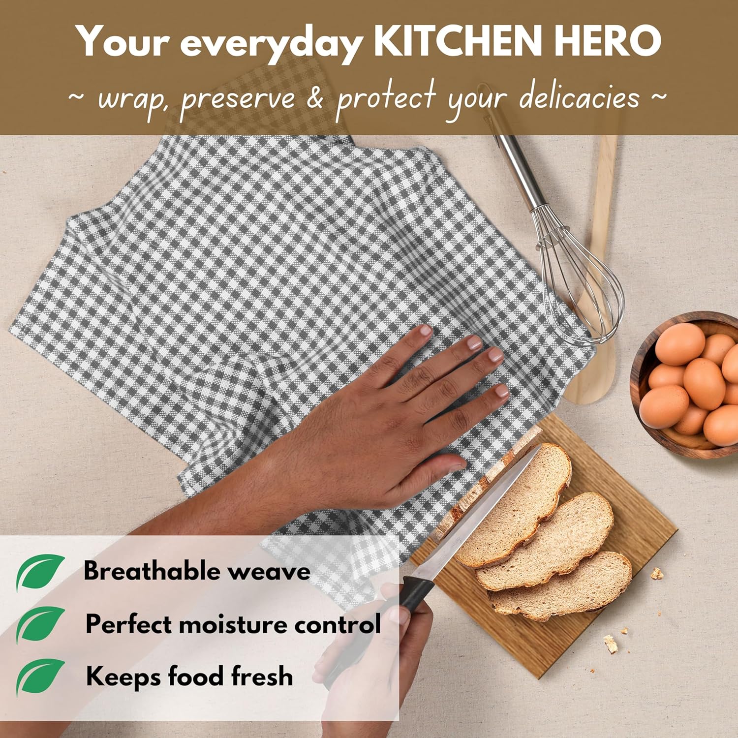 Native Fab 4 Pack Gingham Plaid Kitchen Towels 16"x26" - 100% Cotton Absorbent Washable Tea Towels, Kitchen Cloths, Restaurant Grade Dish Towel with Hanging Loop, Grey White