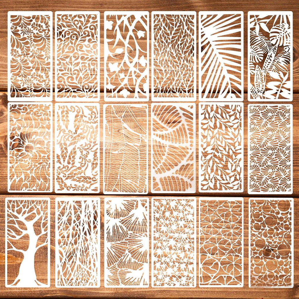 18Pcs Stencils for Crafts Painting, Reusable Cake Stencils Decorating Texture Stencil Background Stencil Leaf Floral Tree Templates for Painting on Wood Furniture Card Canvas Paper Scrapbook
