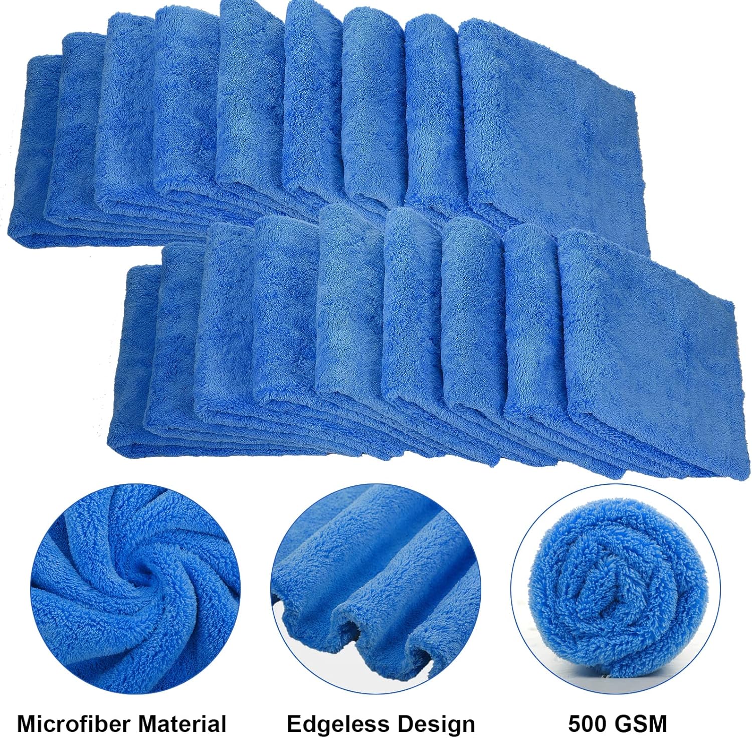 Shimeyao 30 Pcs Edgeless Microfiber Plush Towels for Cars Detailing Drying Wash Polishing Absorbent Cleaning Cloths, 500 GSM, 16 x 16 Inch(16 x 16 Inch,Dark Blue,30 Pcs)