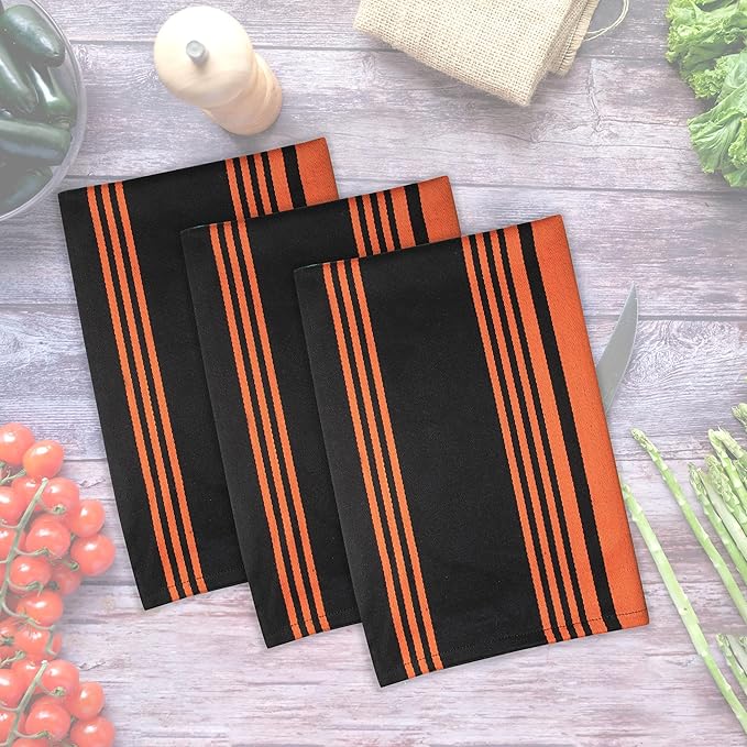 Urban Villa Kitchen Towels 100% Cotton Dish Towels(Set of 3) 20”x30” Dish Cloths Highly Absorbent Kitchen Linen Set with Hanging Loop Perfect for Drying Dishes Cleaning Towels-Orange Balck