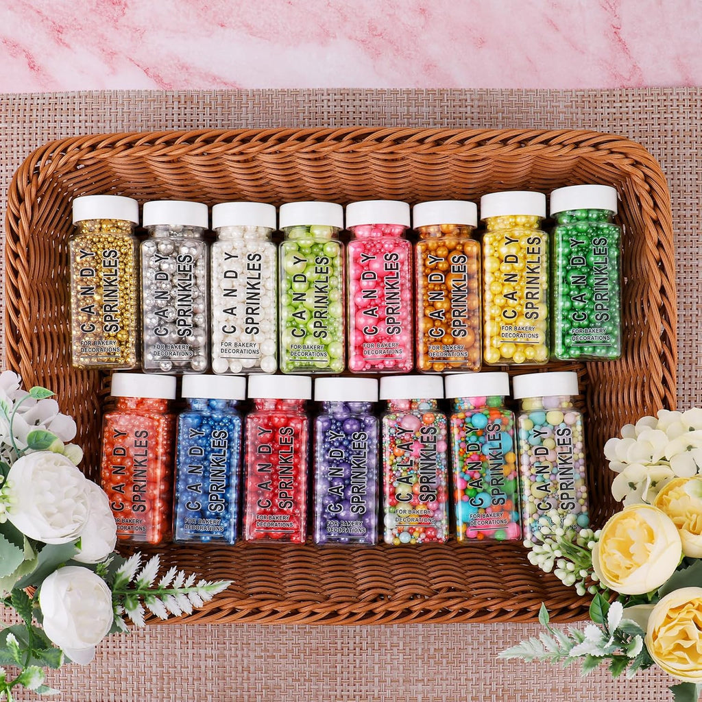 Rainbow Sprinkles for Cake Decorating, 6 Sizes Mix Colorful Edible Pearl Sugar Topping for Cupcake Ice Cream, Wedding Party Valentine Supplies 4.6 oz