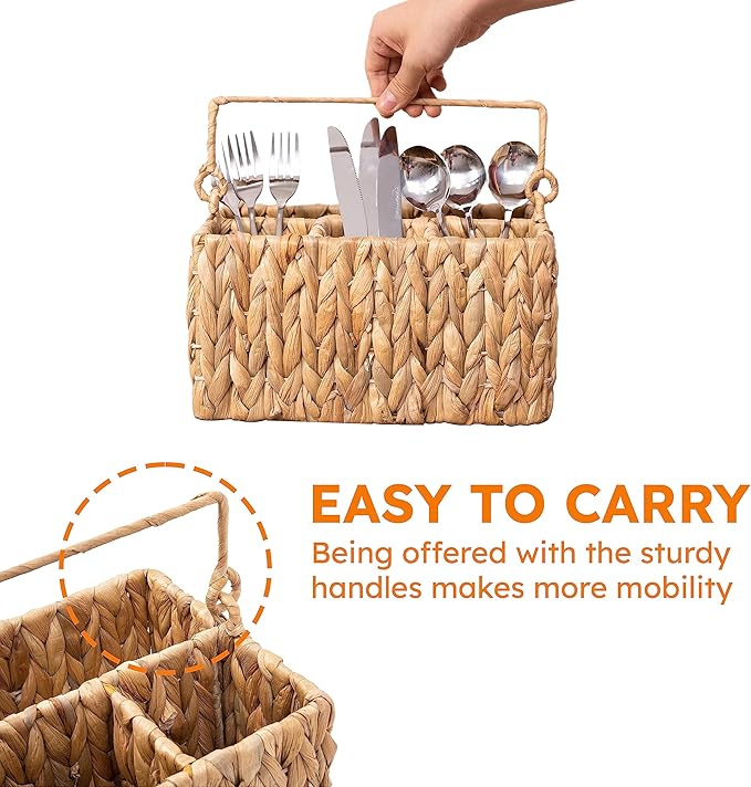 KOLWOVEN Wicker Utensil Caddy Carrier, Wicker Flatware Organizer, Hand Woven Water Hyacinth Cutlery Holder for Countertop with Handle