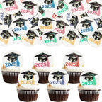 Gyufise 48Pcs Edible 2025 Graduation Theme Cupcake Toppers Wafer Paper Graduate Hat Grad Cap Cupcake Picks 2025 Students Graduation Theme Party Cake Decorations Supplies Multi