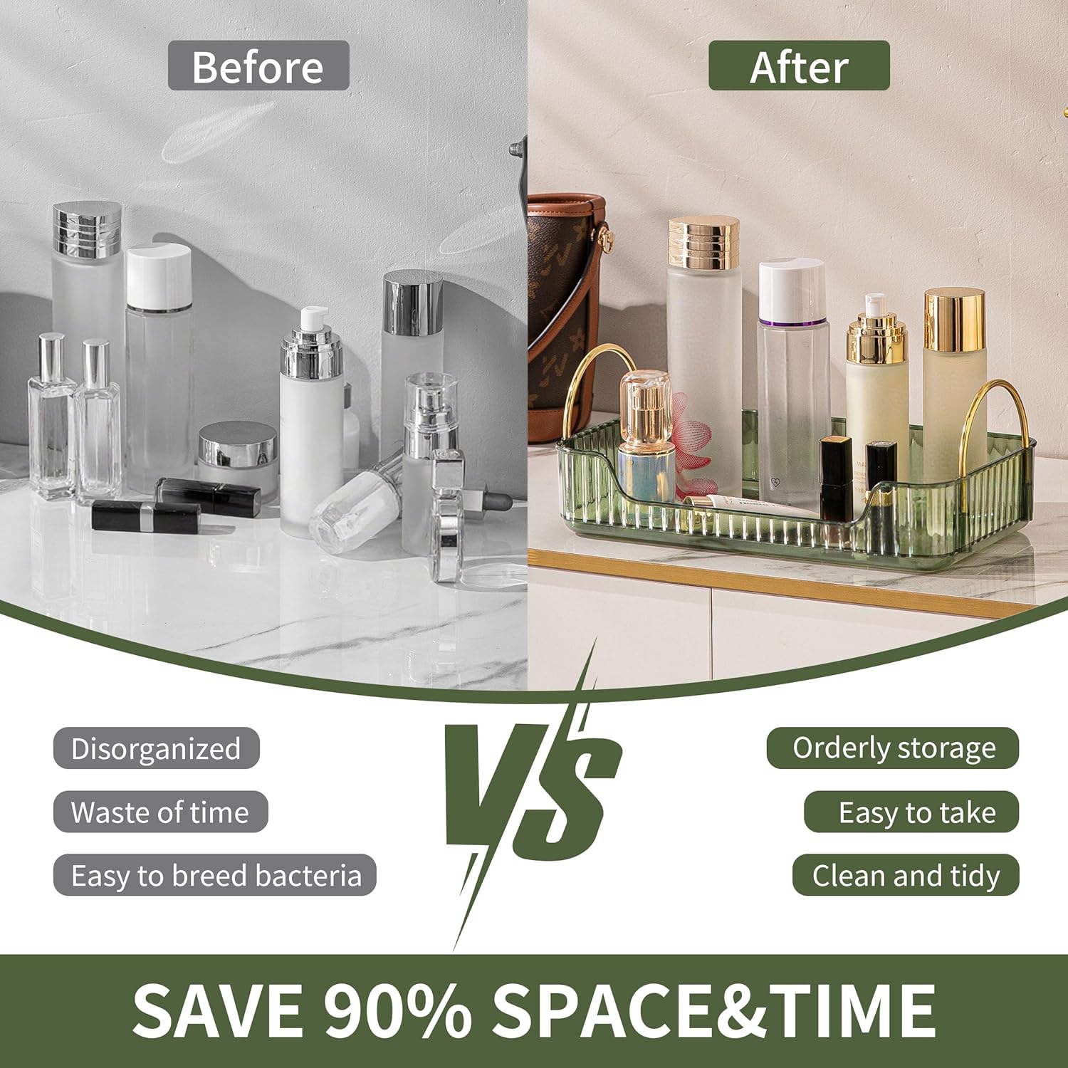 YCIA&DONE Bathroom Organizer Countertop, Makeup Storage, Skincare Cosmetic Tray Shelf, Perfume Holder Rack for Vanity Counter, Large Capacity, Easy to Install, Clean, 1 Tier, Vintage Green