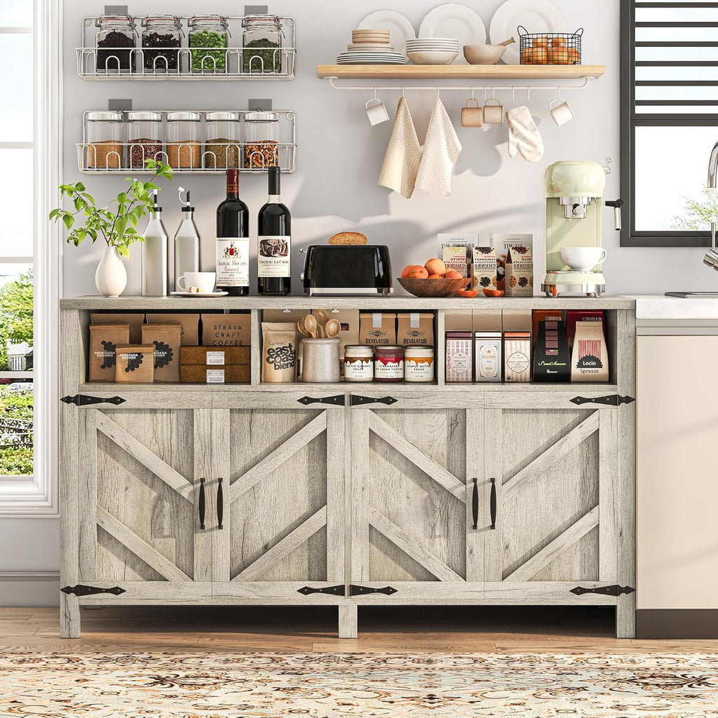 Buffet Cabinet with Storage Farmhouse with 4 Doors, 55'' Large Kitchen Storage Cabinet Wood Coffee Bar Buffet Sideboard for Kitchen, Dining Room, Entryway