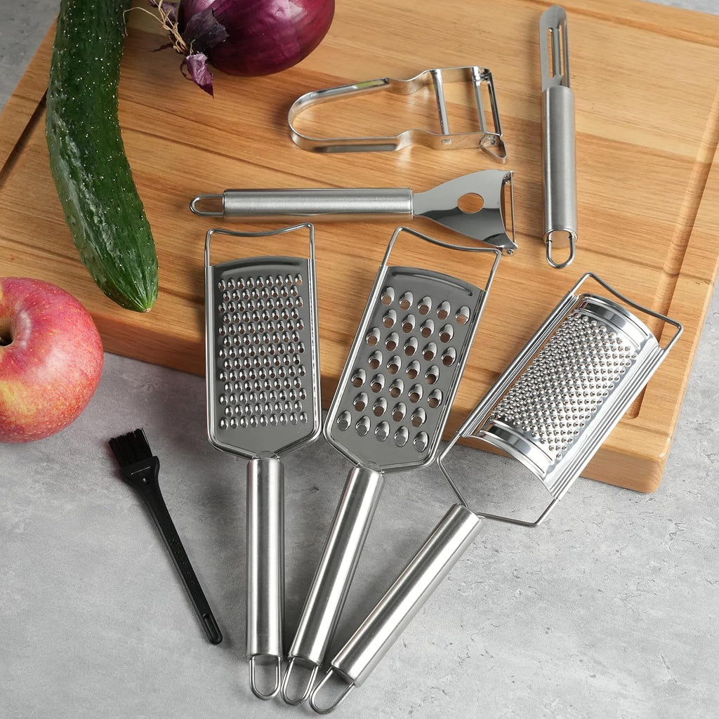 Cheese Grater Set, 7-Piece Zester Grater Peeler Set Stainless Steel Kitchen Utensil Set for Bar Restaurant Home Ginger Lemon Fruit Chocolate Vegetables Apple Gift for Christmas Birthday Housewarming