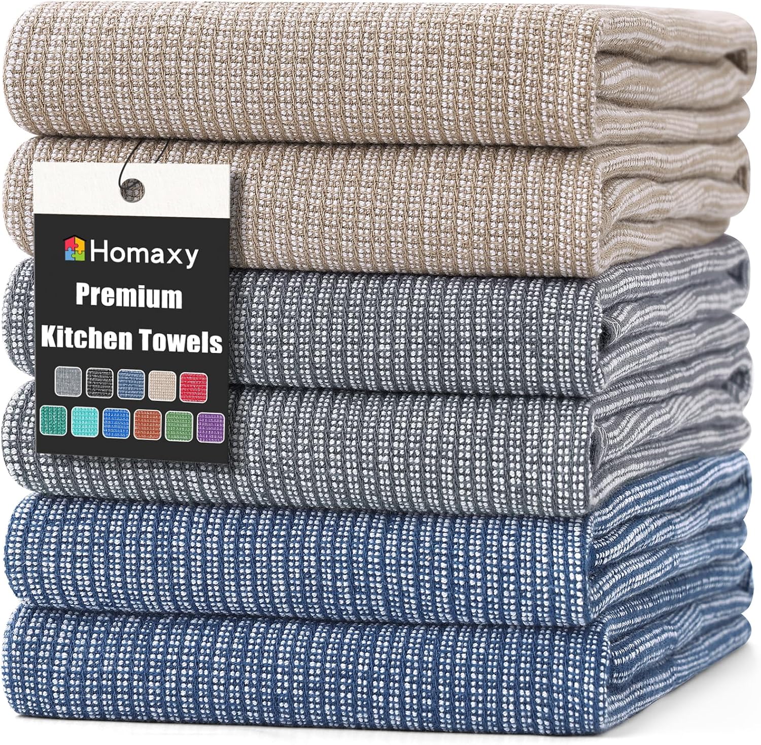 Homaxy Premium Kitchen Towels(18”x 28”, 6 Pack), Large Cotton Kitchen Hand Towels, Flat and Terry Dish Towels, 380 GSM Highly Absorbent Tea Towel Set with Hanging Loop, Multicolor