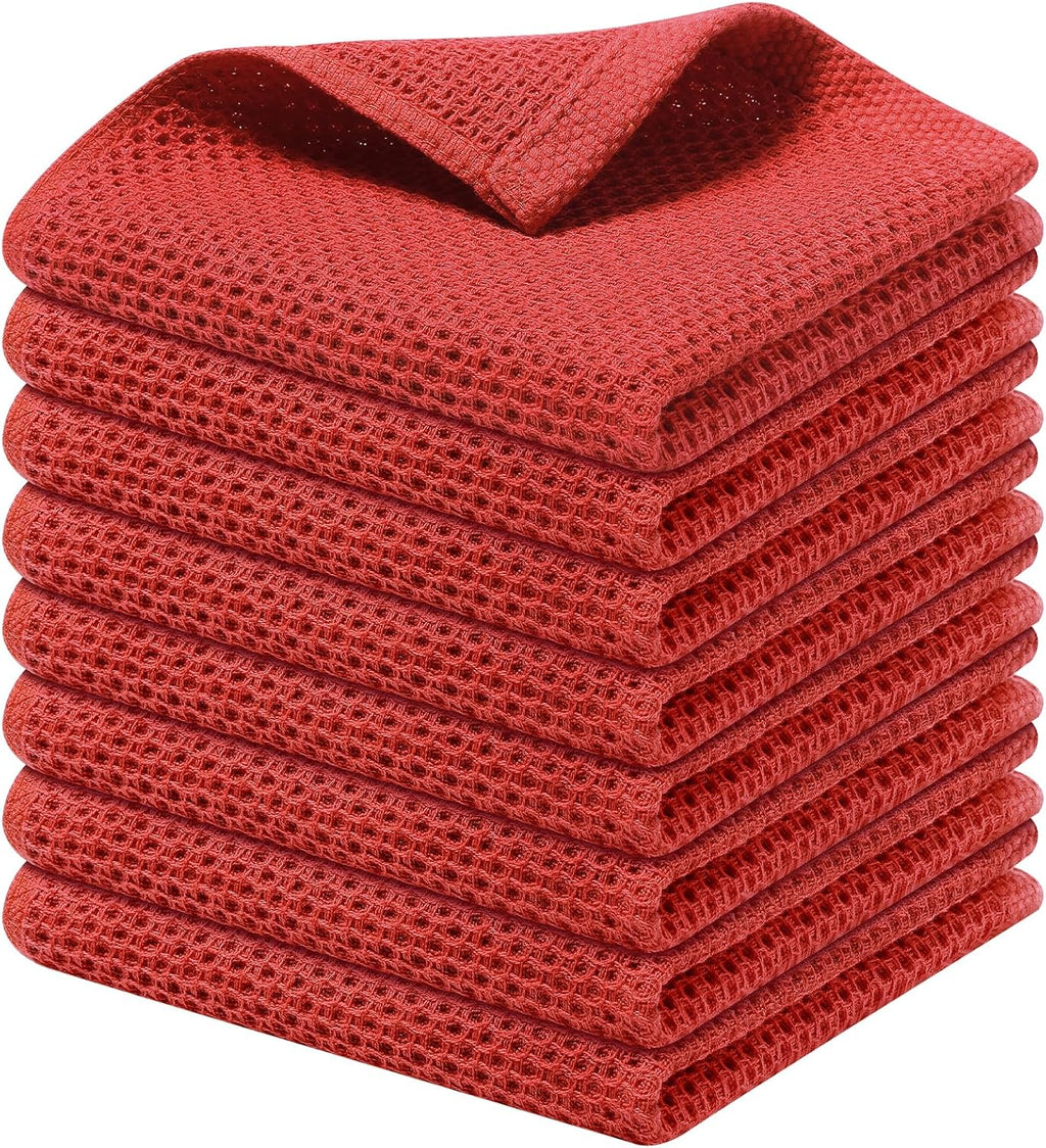 Kitinjoy 100% Cotton Kitchen Dish Cloths, 8 Pack Waffle Weave Ultra Soft Absorbent Dish Towels for Drying Dishes Quick Drying Kitchen Towels Dish Rags, 12 X 12 Inches, Brick Red