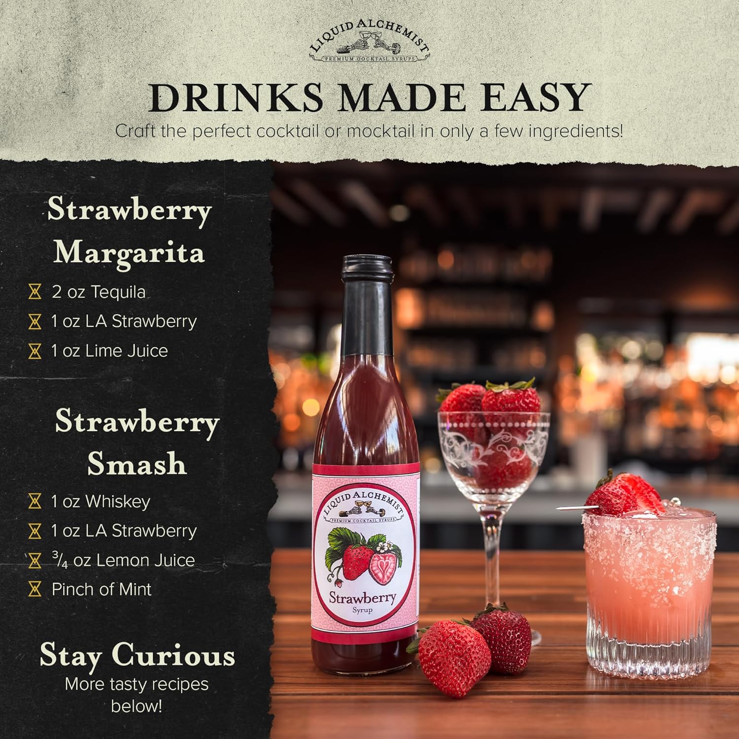 Liquid Alchemist Strawberry Syrup for Drinks - Real Ingredients Make our Strawberry Puree for Drinks a Perfect Margarita Mix - Our Flavored Syrup is Gluten & Dairy Free (25 oz)