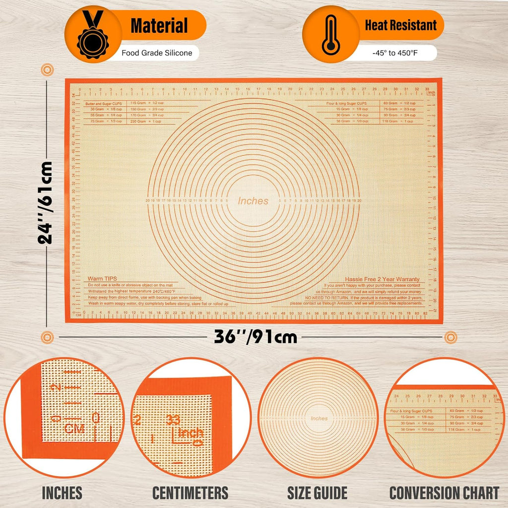 Pastry Mat 36x24 Inch Silicone Baking Mats Perfect for Dough, Pastry, Pie Crust, Fondant, Bread, Cookies, Pasta, Pizza, Kitchen Counter Mat
