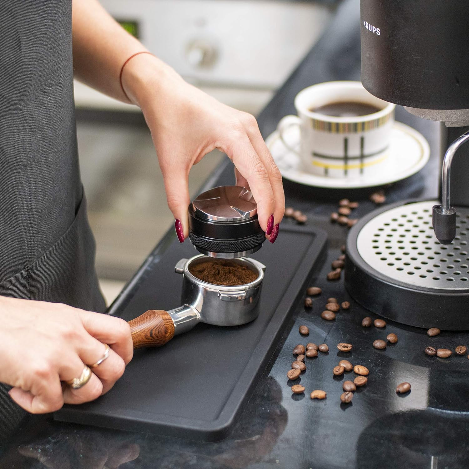 XUNADA Large Espresso Tamping Mat (5” x 12”), Ultra Thick Premium Coffee Tamper Pad, Strong Grip Silicone Tamp Station
