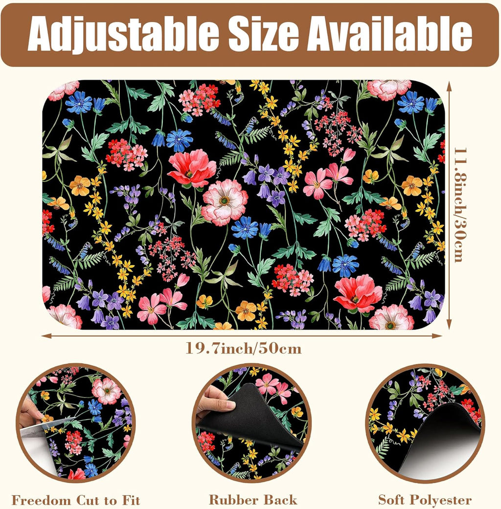 Beautiful Flowers Dish Drying Mat for Kitchen Counter Coffee Bar Mat Hide Stain Absorbent Rubber Backed Coffee Mat Coffee Maker Espresso Machine Coffee Bar Accessories 11.8 x 19.7 Inch