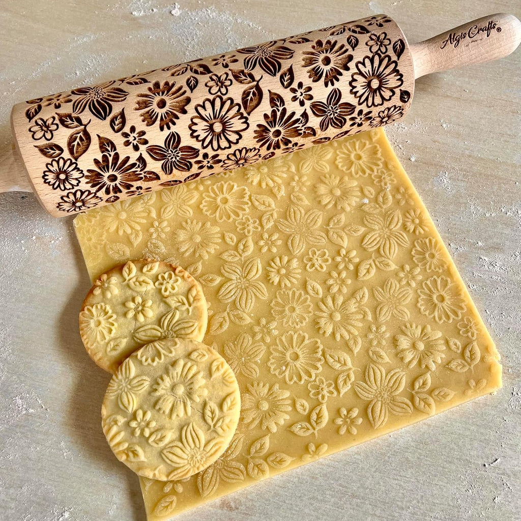 FLOWER MIX Embossing Rolling Pin with Flowers Pattern. Dough and Clay Roller for Embossed Cookies and Pottery. Cookie and Ceramic Stamp. Backing Gifts for Women by Algis Crafts