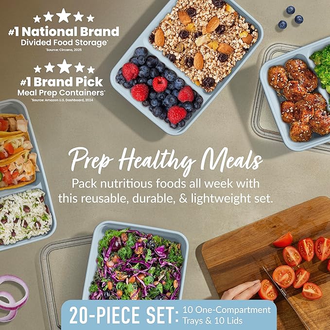 Bentgo Prep - 20-Piece 2-Compartment Reusable Meal Prep Containers with Lids, PFAS & BPA Free Materials, Durable, Microwave, Freezer, & Dishwasher Safe To Go Food Storage (Sky)