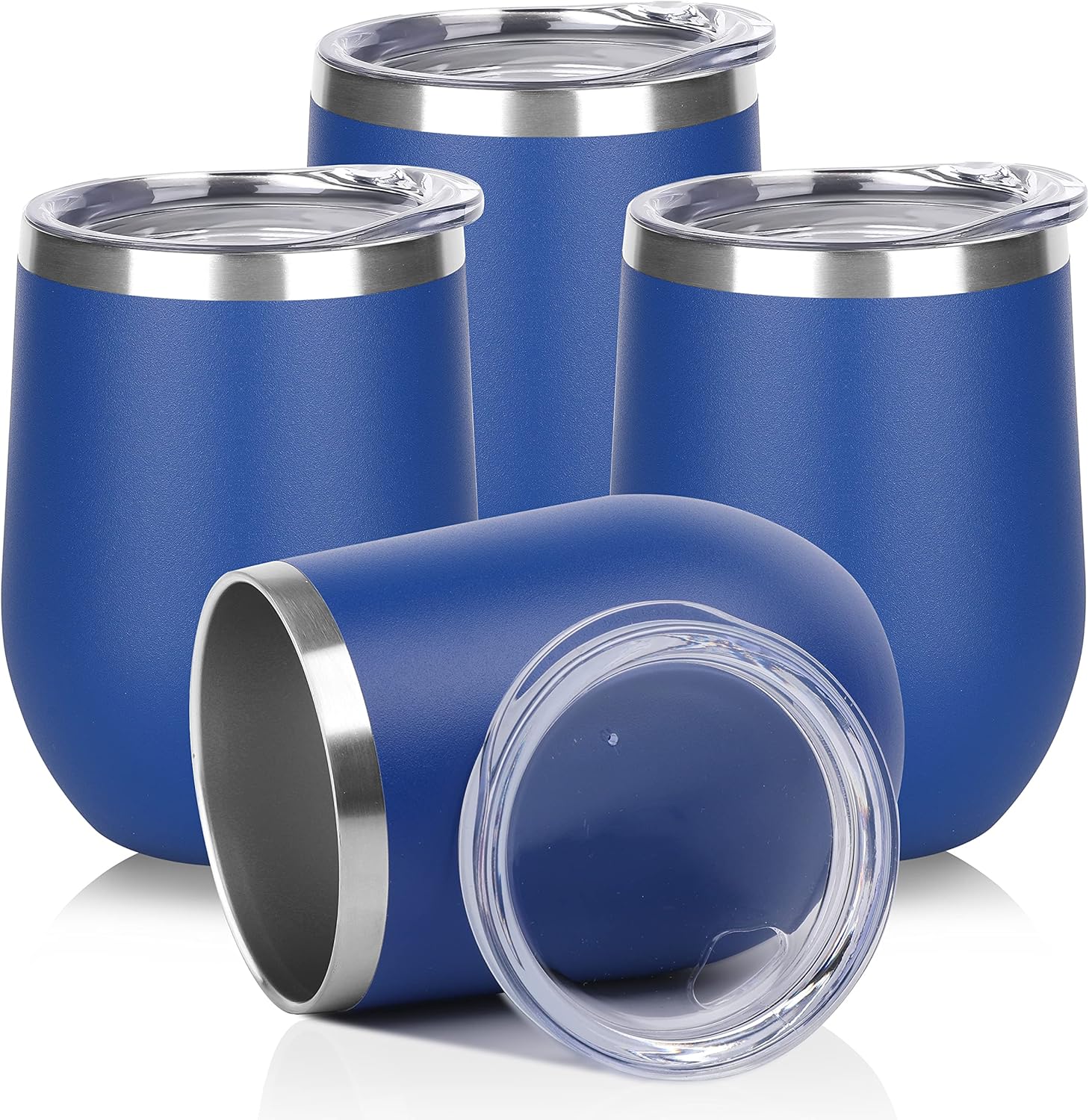 DOMICARE Stainless Steel Wine Tumbler Bulk with Lid, Personalized Insulated Tumblers Set, 12oz Travel Coffee Cups Pack of 4, Dark Blue