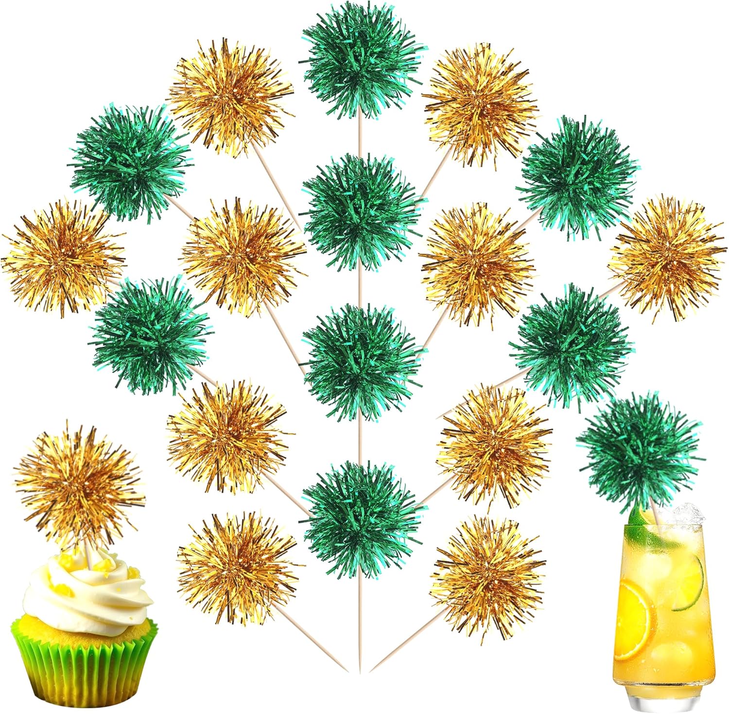 40 PCS Foil Firework Cupcake Toppers Fireworks Cupcake Picks Sparkle Tinsel Cake Decorations Cocktail Fruit Toothpick for Firework Theme Birthday Wedding Graduation Party Decor Supplies Gold Green