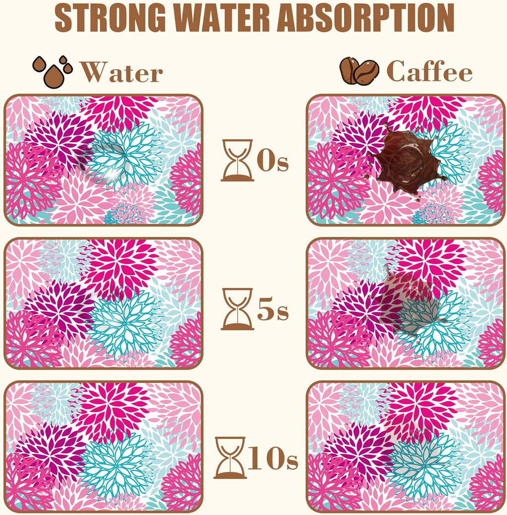 Pink Blue Chrysanthemum Flowers Dish Drying Mat for Kitchen Counter Coffee Bar Mat Hide Stain Absorbent Rubber Backed Drying Rack Pad Espresso Machine Coffee Bar Accessories 11.8 x 19.7 Inch