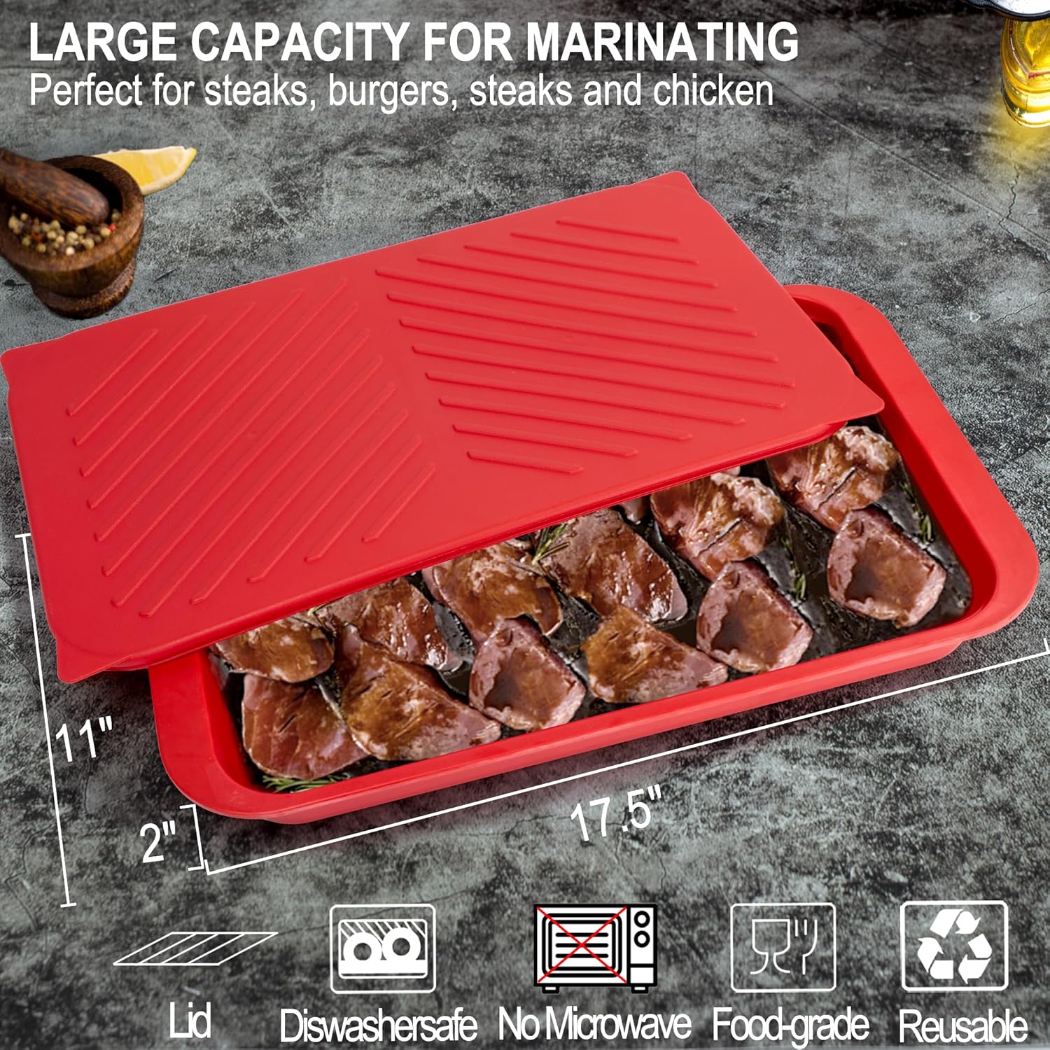 Grilling Prep and Serving Tray with Lid, BBQ Deep Tray for Marinating Raw and Cooked Food, Melamine Serving Trays for Food, Black and Red