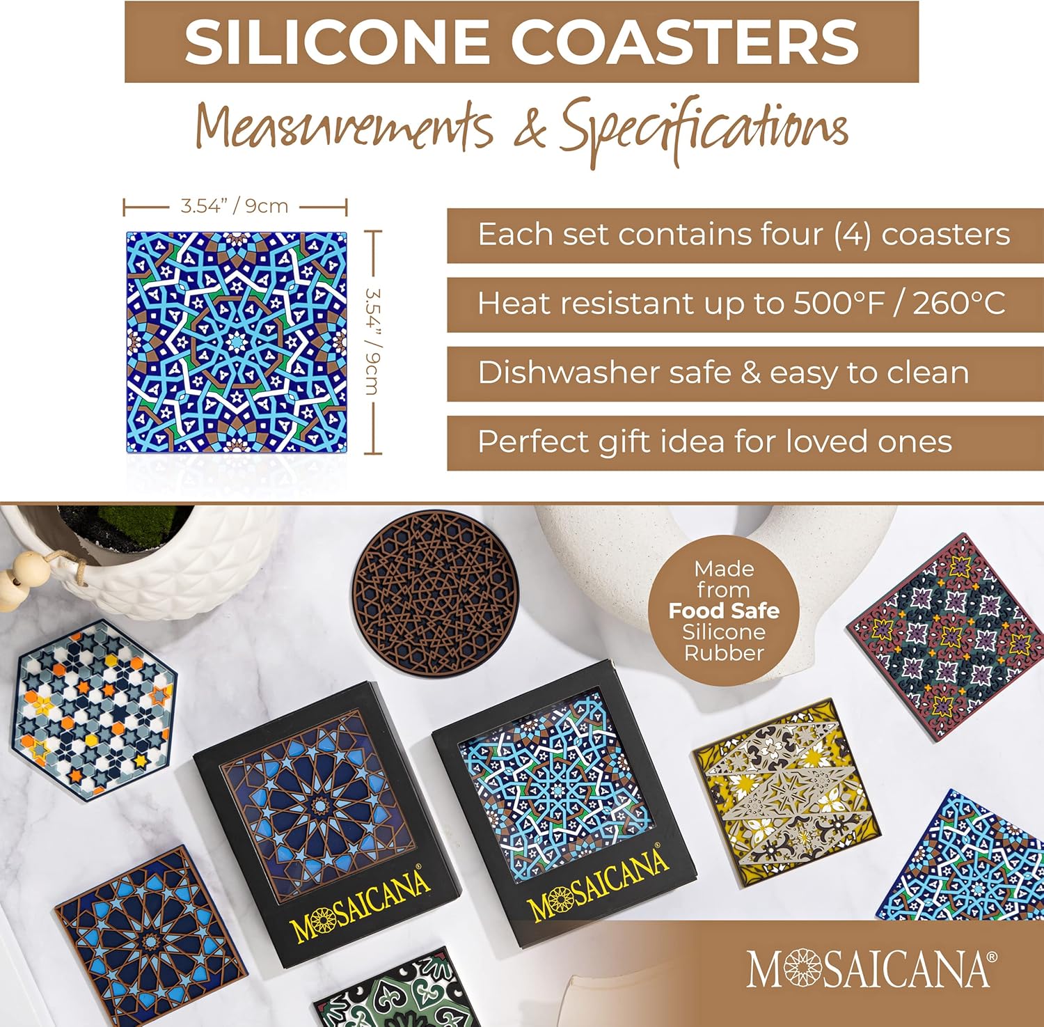 Set of 4 Silicone Coasters - Protect Against Water Marks or Damage - Fits All Cups, 3.5" Size, Blue Morocco