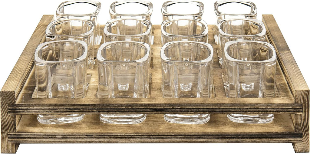 MyGift Shot Glass Serving Set Includes 12 Square Shot Glasses and Burnt Brown Wood Slotted Server Tray