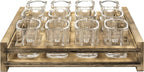 MyGift Shot Glass Serving Set Includes 12 Square Shot Glasses and Burnt Brown Wood Slotted Server Tray