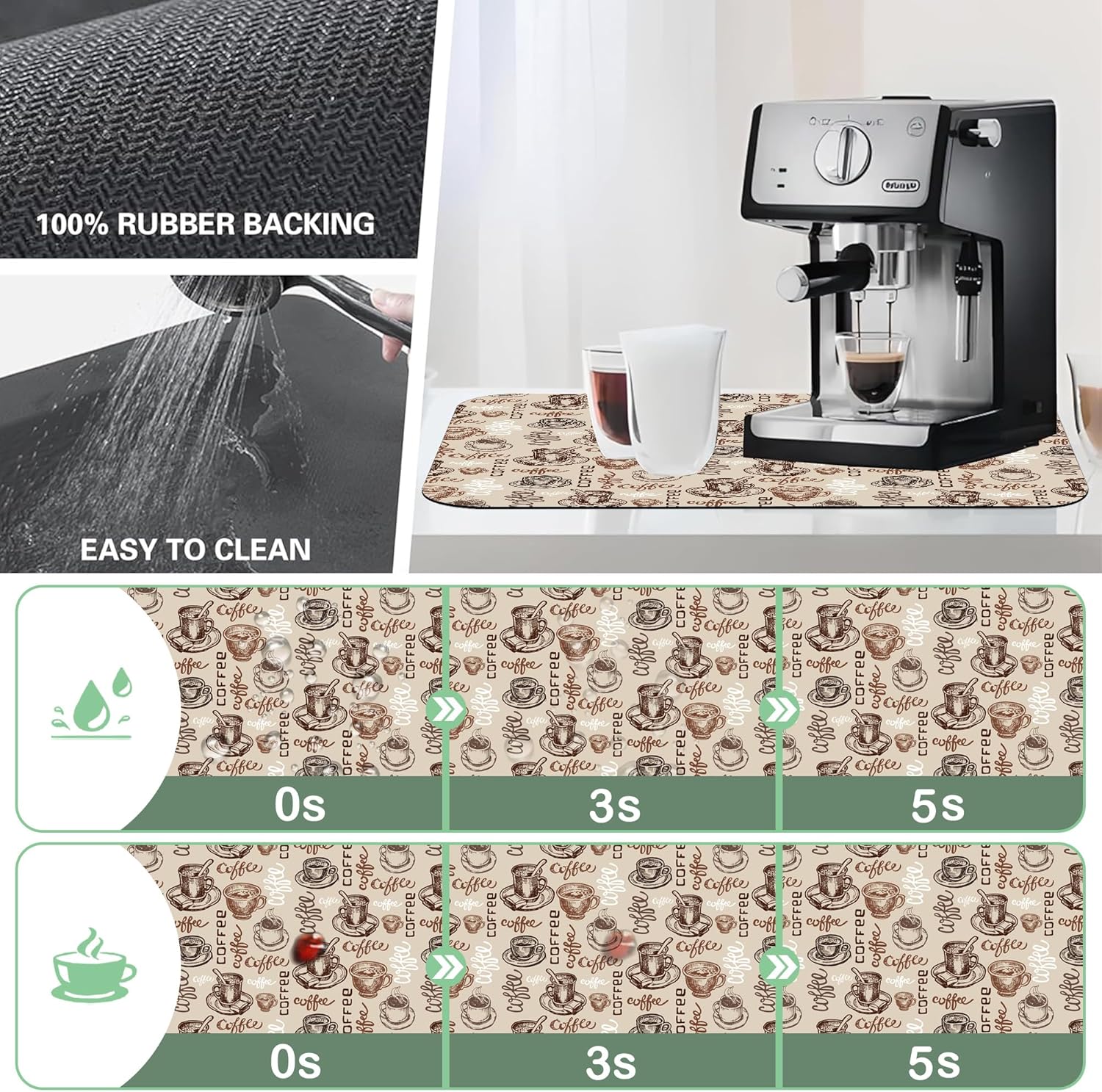 Doodle Coffee Cup Dish Drying Mat,12"X19" Absorbent Fast Dish Drying Mat for Kitchen Counter Pot and Pan, Kitchen Accessories