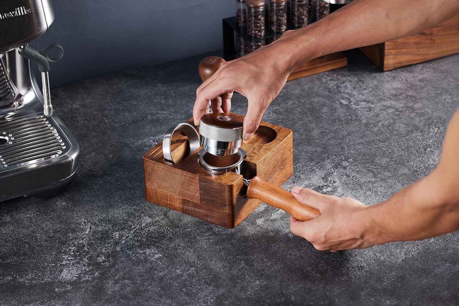 Tamping Station for Portafilters Solid Wood Espresso Accessories 5-Slot Organizer with Anti-Slip Base & Adjustable height (small)