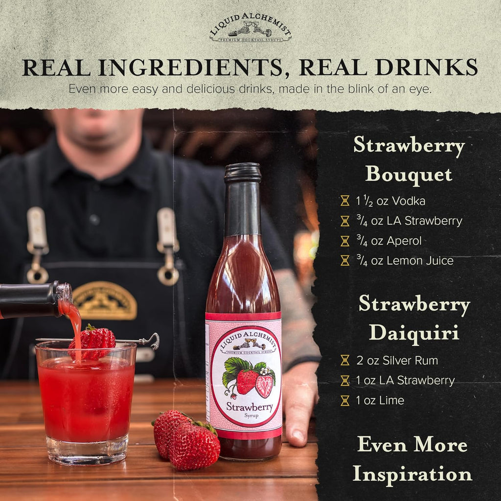 Liquid Alchemist Strawberry Syrup for Drinks - Real Ingredients Make our Strawberry Puree for Drinks a Perfect Margarita Mix - Our Flavored Syrup is Gluten & Dairy Free (12 oz)