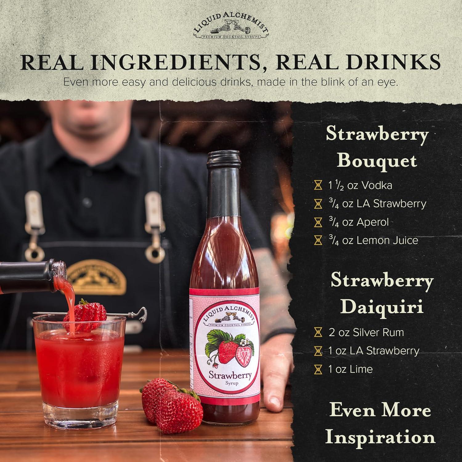 Liquid Alchemist Strawberry Syrup for Drinks - Real Ingredients Make our Strawberry Puree for Drinks a Perfect Margarita Mix - Our Flavored Syrup is Gluten & Dairy Free (12 oz)