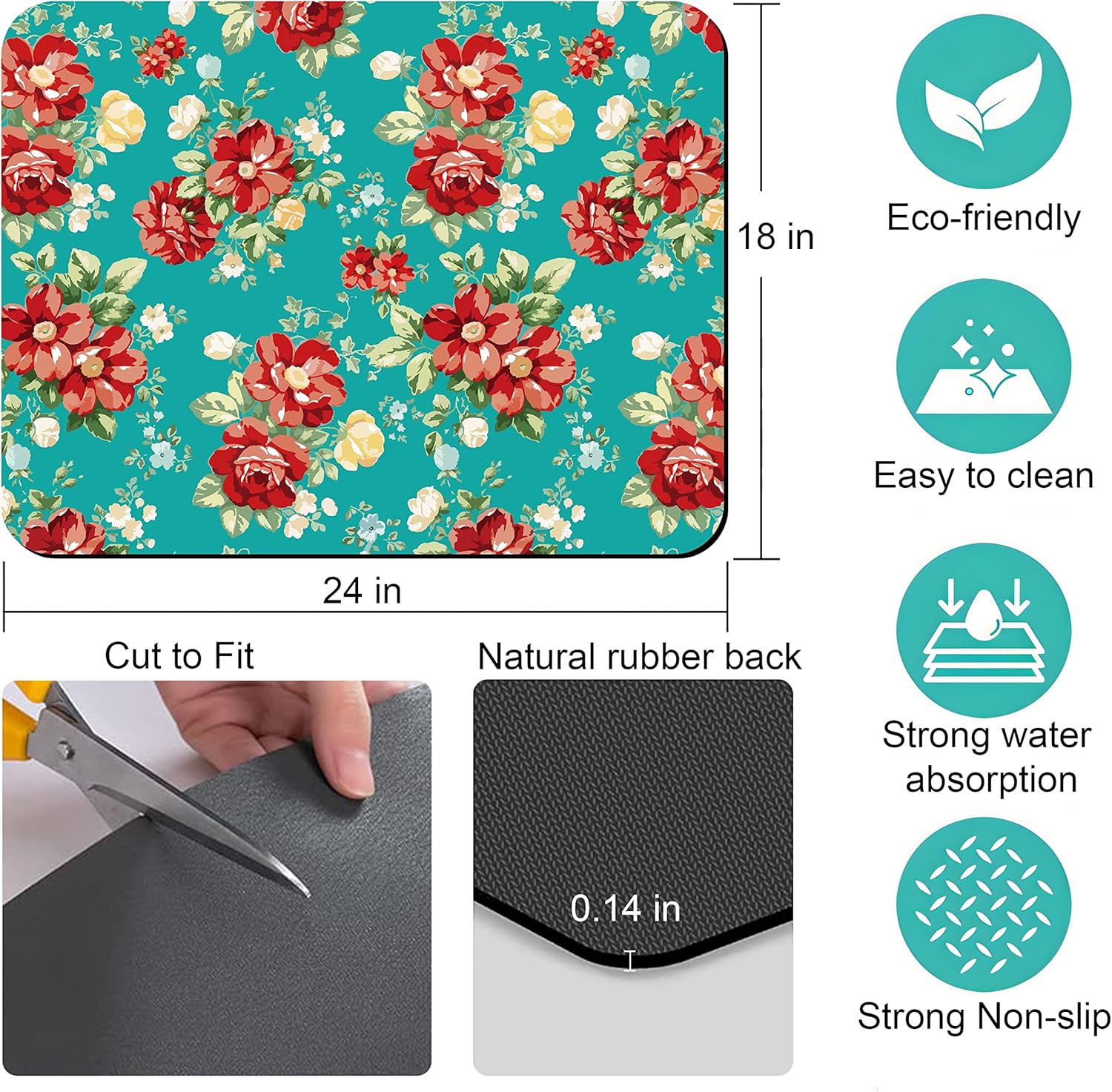 Rubber Dish Drying Mat for Kitchen Counter Large Boho Flowers Washable Quick Home Coffee Pad Fit Under Sink,Bar,Utensils 18x24in