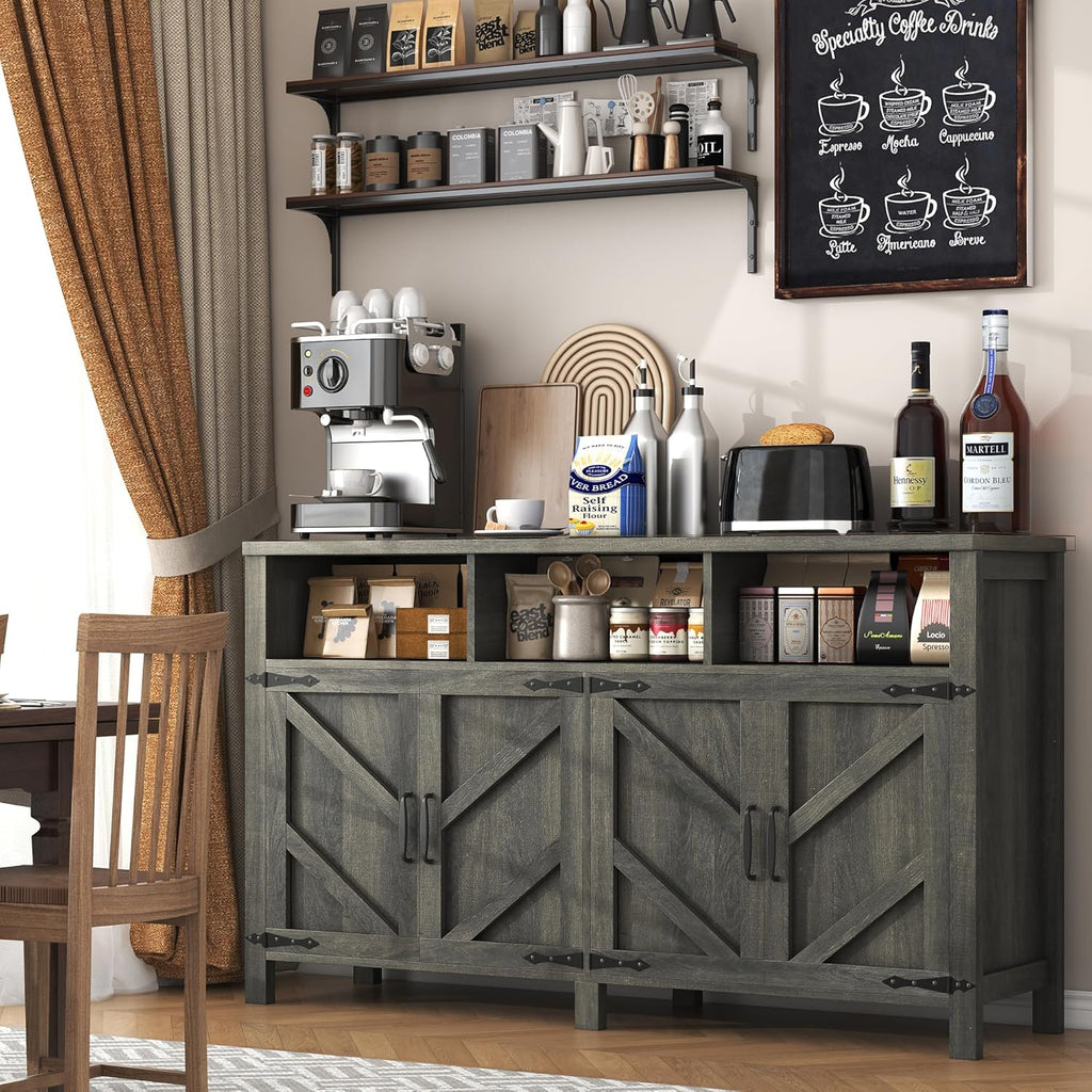Buffet Sideboard with Storage Farmhouse with 4 Doors, 55'' Large Kitchen Storage Cabinet Wood Coffee Bar Cabinet Buffet Table with Shelves for Kitchen, Dining Room, Entryway (Gray, 55in)