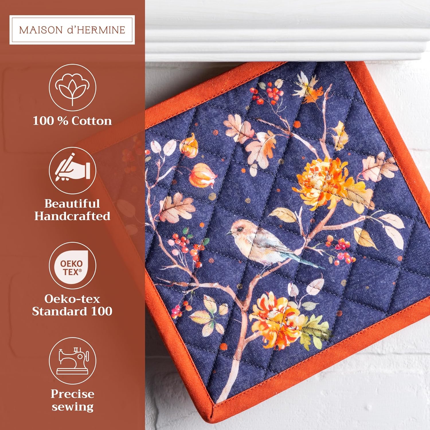 Maison d' Hermine Pot Holders 100% Cotton Heat Resistant Potholders 8" x 8" Hot Pads with Loop BBQ, Cooking, Baking, Grilling, Kitchen, Handling Hot Pans (Pack of 1, Kelim - Infinity)